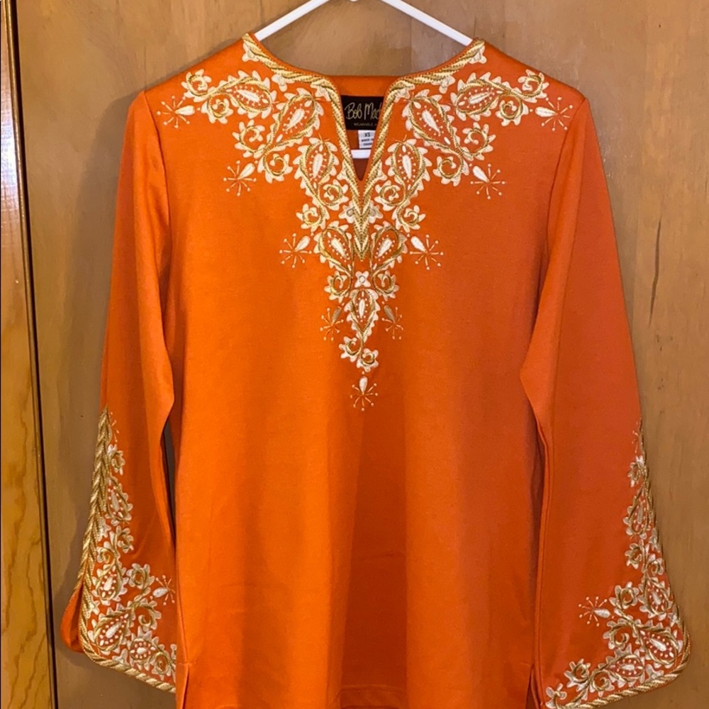 BOB MACKIE Orange With Golden Embroidery Smock. XS